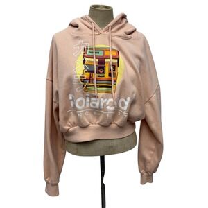 Polaroid Juniors M Beige Pink Cropped Sweatshirt Graphic Hoodie Japanese Writing
